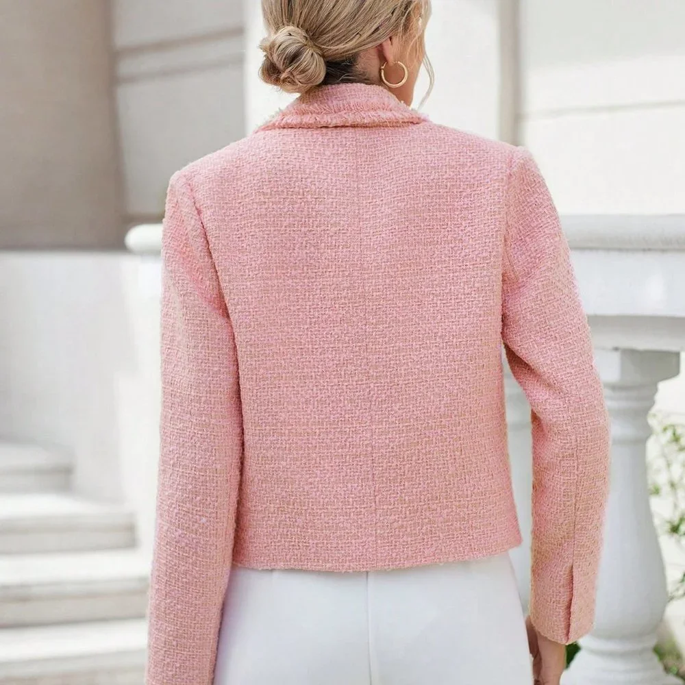 Pink Preppy Womens Double Breasted Fringe Trimmed Crop Tweed Overcoat - Picture 2 of 5